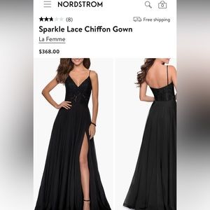 La Femme Sparkle Lace Chiffon Gown in Black